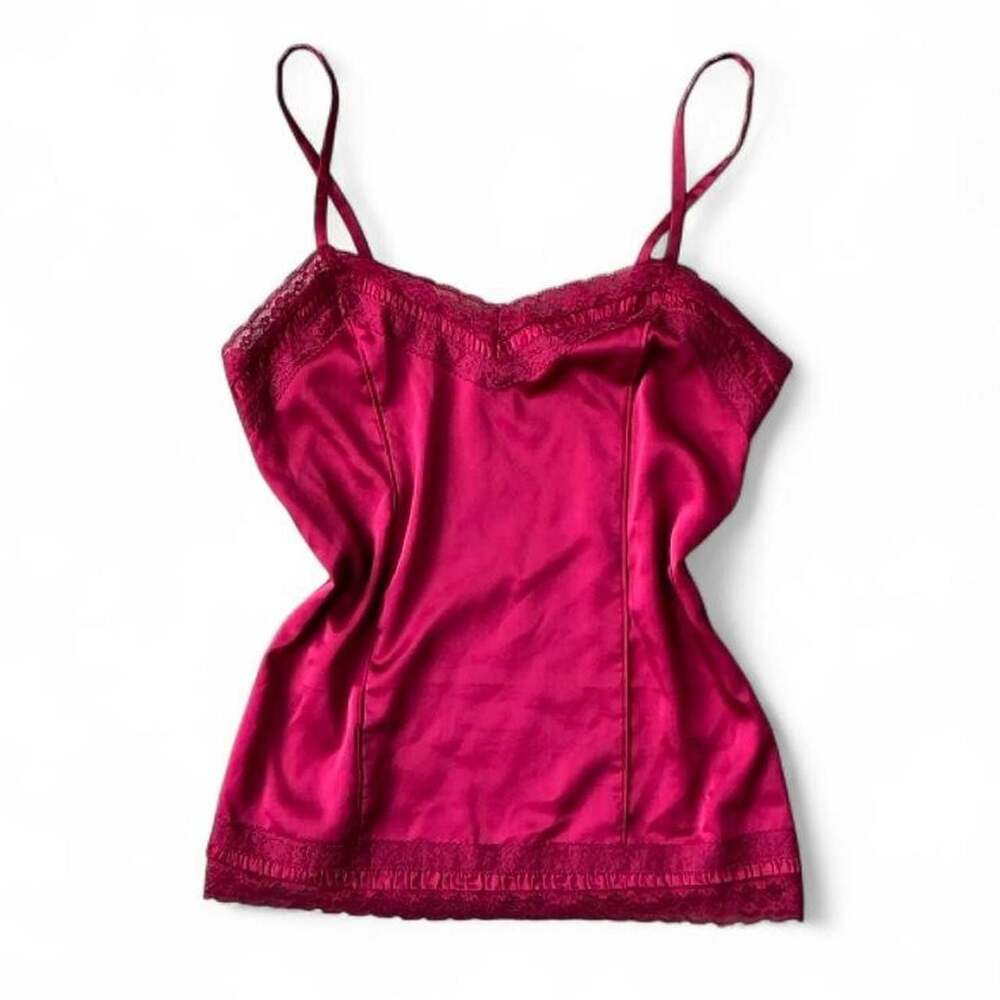 Y2K Burgundy White House Black Market Lace Trim Cami Top - Size Small